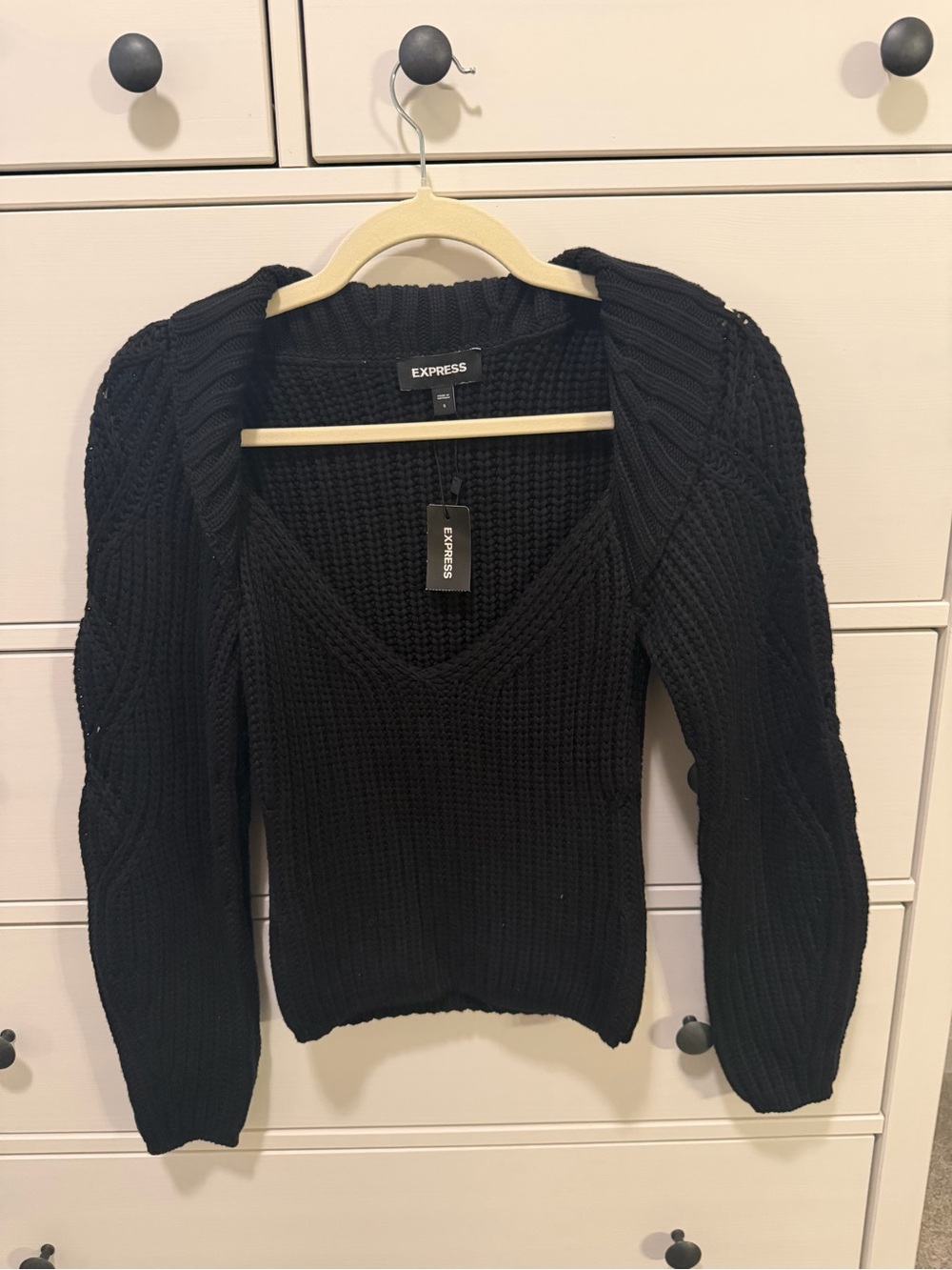 Express Black V-Neck Cable Sleeve Sweater
